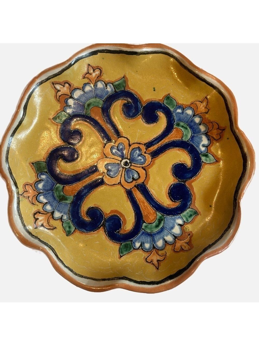 Vintage Mexico Ceramic Handpainted Plate Floral Scalloped Edge Signed